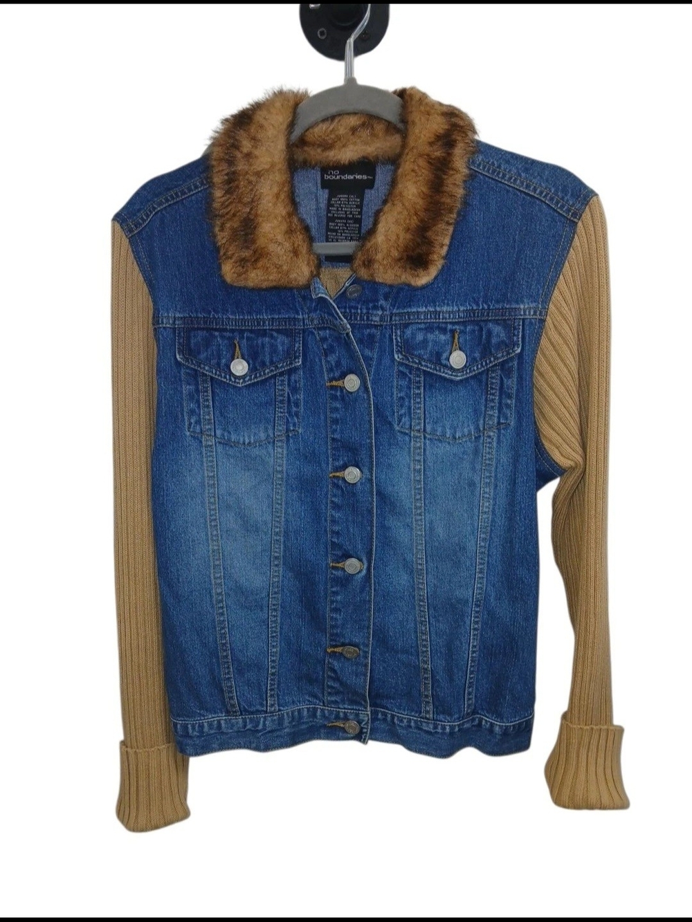 No Boundaries Blue Denim Jacket Faux Fur Collar & Tan Knit Sleeves Vintage Y2K